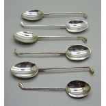 A set of six silver spoons with handles in the form of golf clubs, Birmingham 2004, 72g