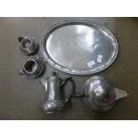 A five piece pewter teaset and tray stamped Craftsman, made in Sheffield, tray 41cm x 31cm