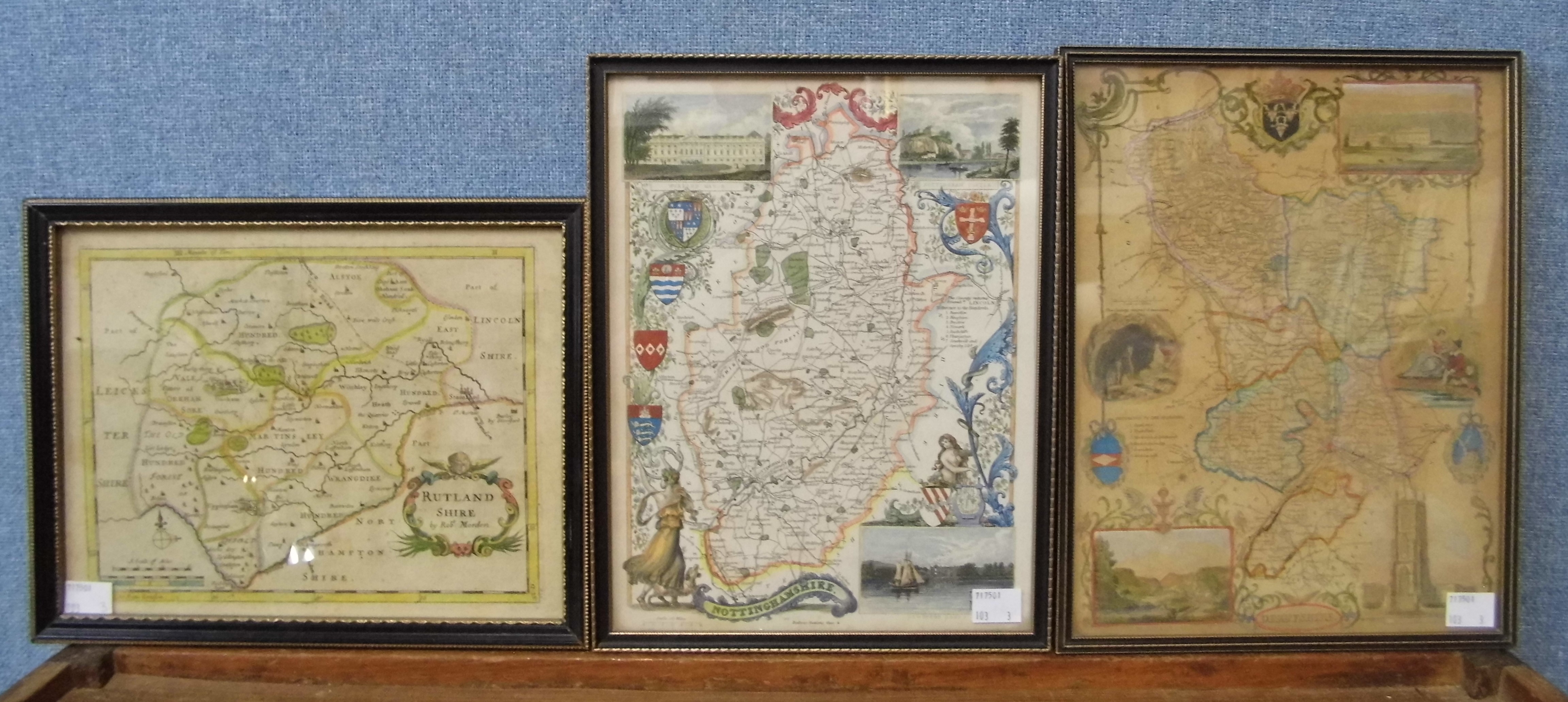 A small 17th Century Robert Morden map of Rutlandshire and two other maps, all framed