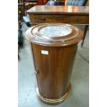 A Victorian mahogany and marble topped cylindrical pot cupboard