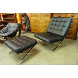 A Barcelona style chrome and black leather lounge chair and stool