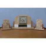 A French Art Deco marble clock garniture