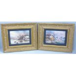 A pair of hand painted porcelain plaques in gilt frames