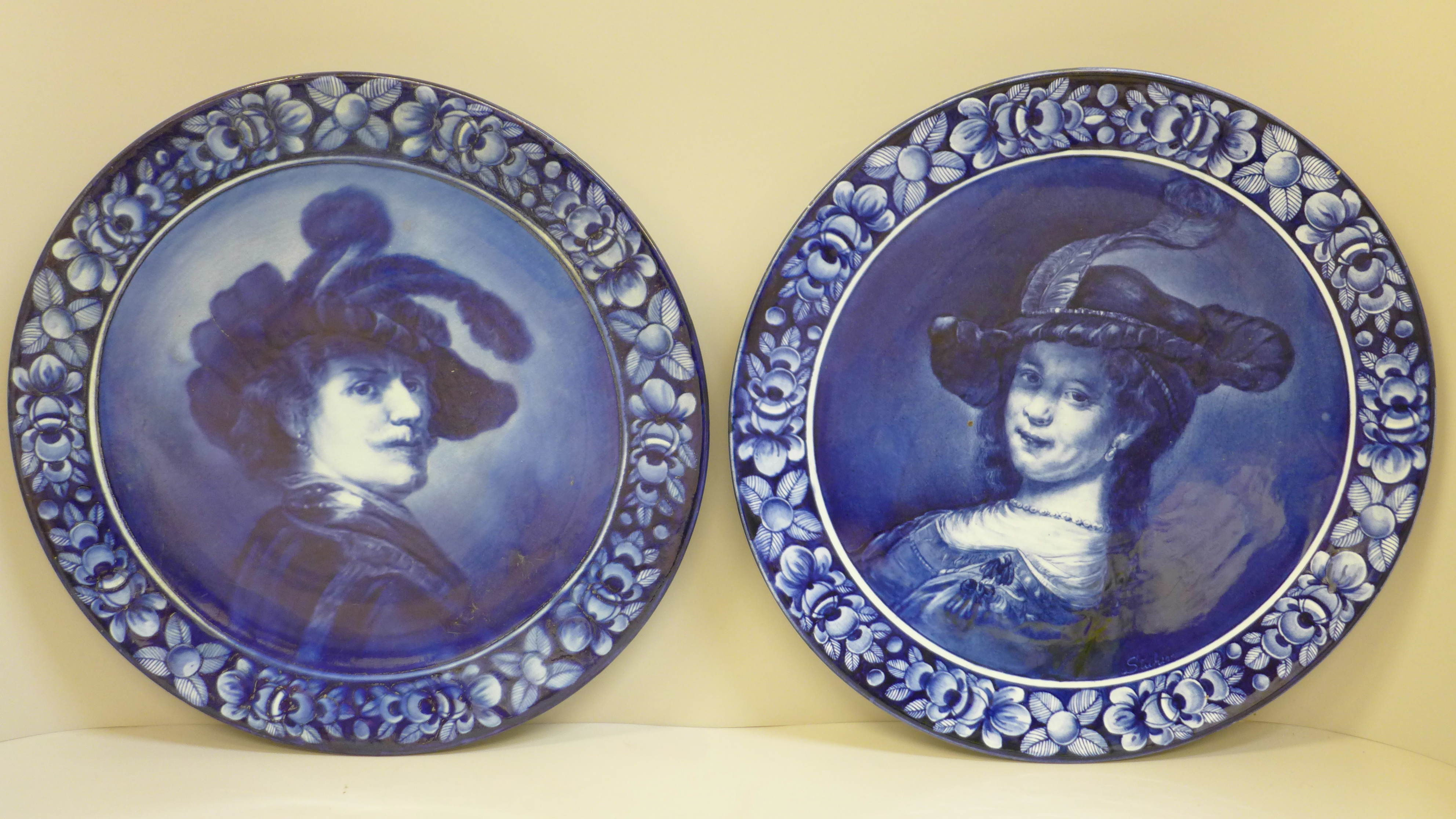 A pair of Royal Blue Delft portrait plates, after Rembrandt, 32cm