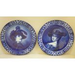 A pair of Royal Blue Delft portrait plates, after Rembrandt, 32cm