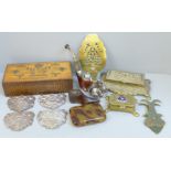 A wooden shoe snuff box, brass stamp holder, etc.