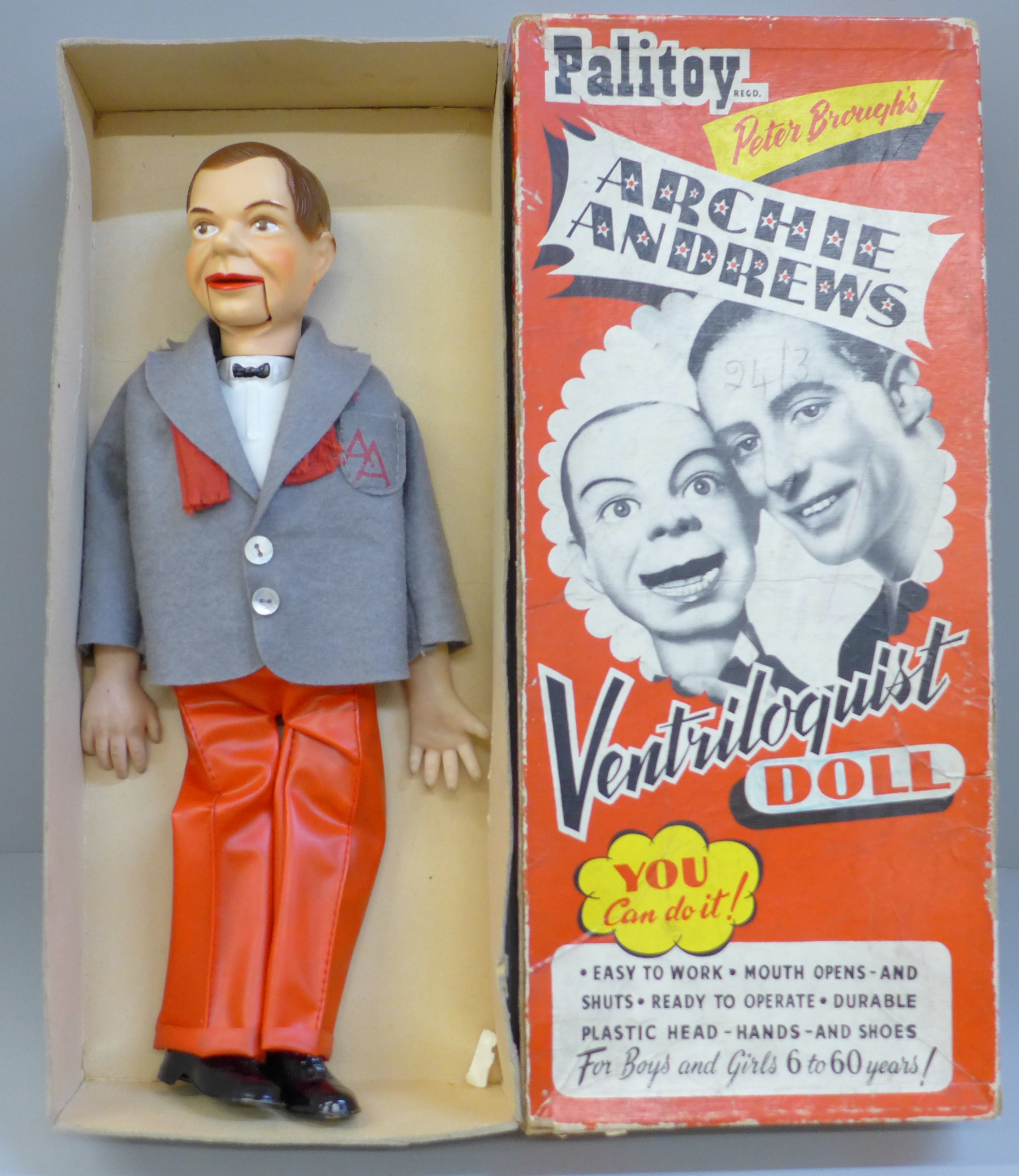 A vintage Palitoy Archie Andrews ventriloquist dummy doll, boxed