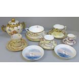 A collection of Royal Worcester porcelain including cups and saucers, trios, sugar pot, pin dishes