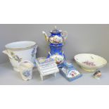 Blue French Paris porcelain teapot, Herend plant pot, Royal Copenhagen dish and a bird, Sevres ink