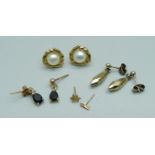 Three pairs of 9ct gold earrings