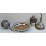 Two early 19th Century wine funnels, a plated wine coaster and a small hip flask