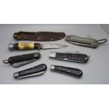 An antler handled knife by William Rodgers and five other knives including one other by Rodgers