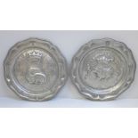 Two French early pewter plates, contoured edges, decorated with crown over a porcupine and a crown
