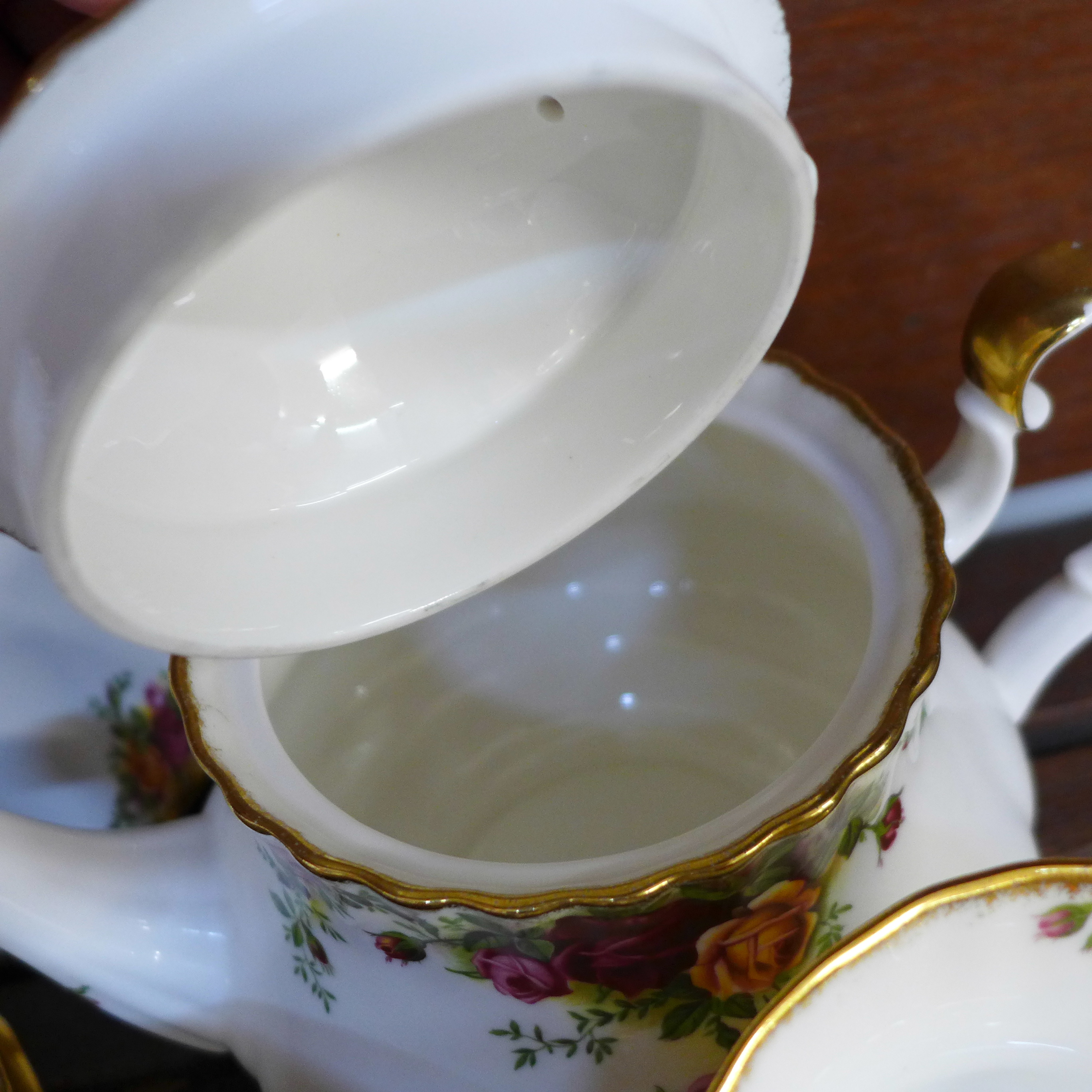 A Royal Albert Old Country Roses six setting tea set with sandwich plate, cream, sugar and teapot, - Image 2 of 2