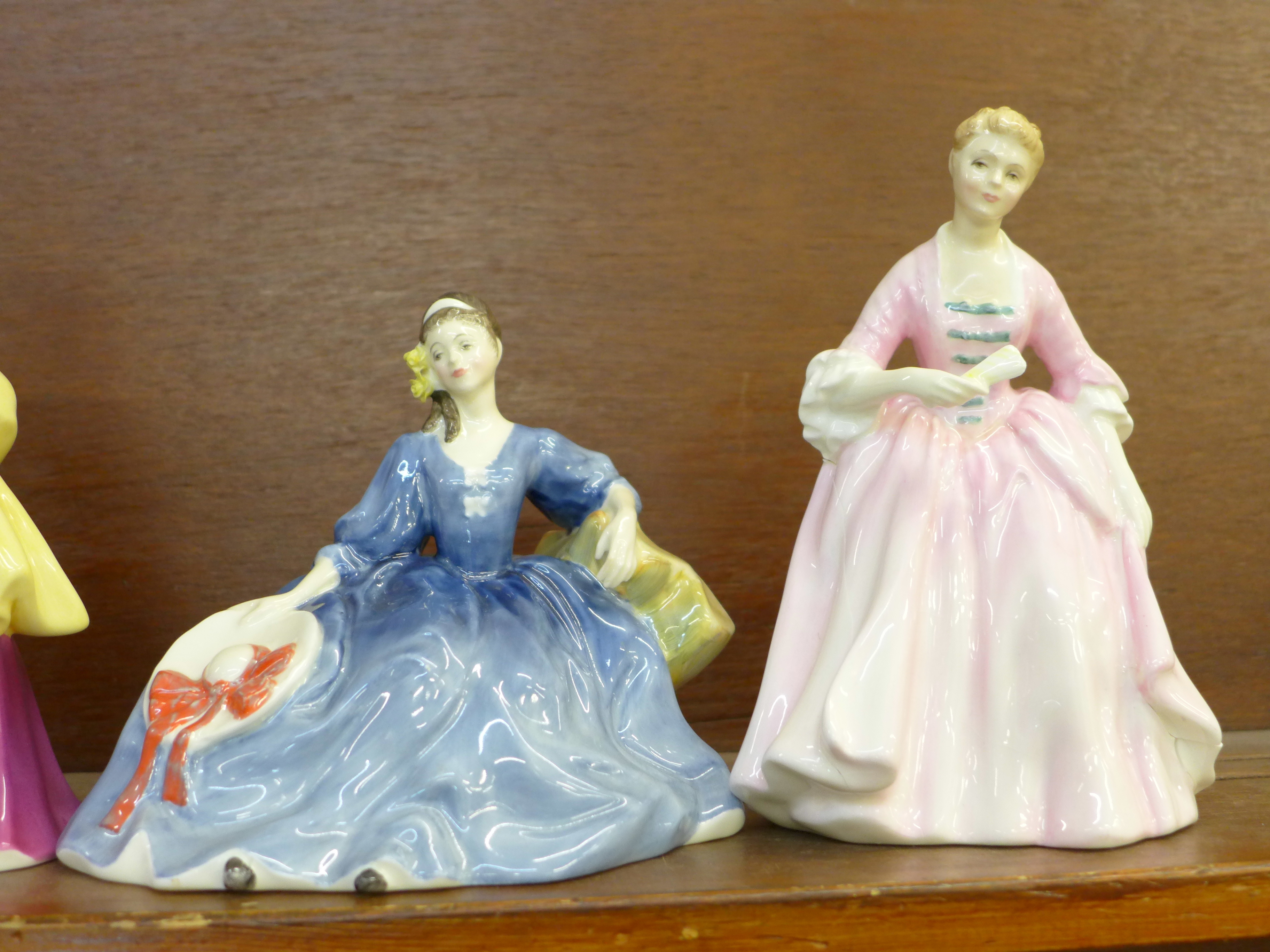 Five Royal Doulton figures; Autumn Breezes, Hilary, Loretta, The Hostess of Williamsburg, a/f, and - Image 3 of 4