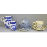 Two Royal Worcester blue and white jugs, one a/f, a God Speed The Plough cup and saucer, chip to rim