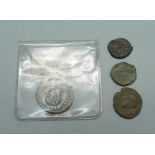 A Gordian III AD 238-244 coin and three other roman coins