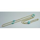 A vintage 18ct gold chain interspersed with turquoise and seed pearls, 17.2g, 71cm