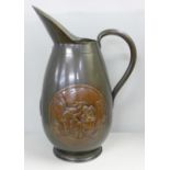 A circa 1900 large copper jug with coat of arms and tavern scene, 47cm