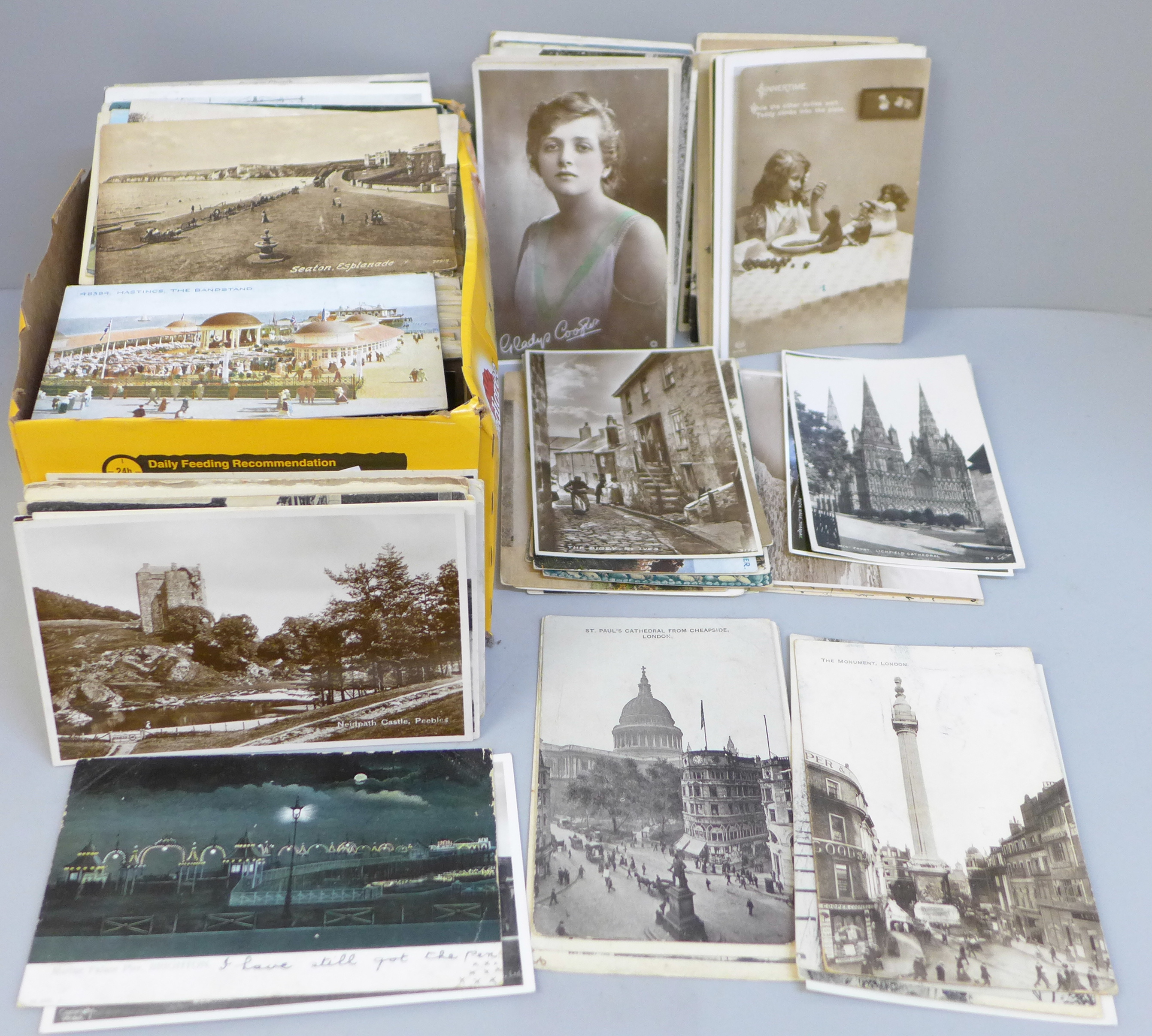 A box of postcards, vintage to modern