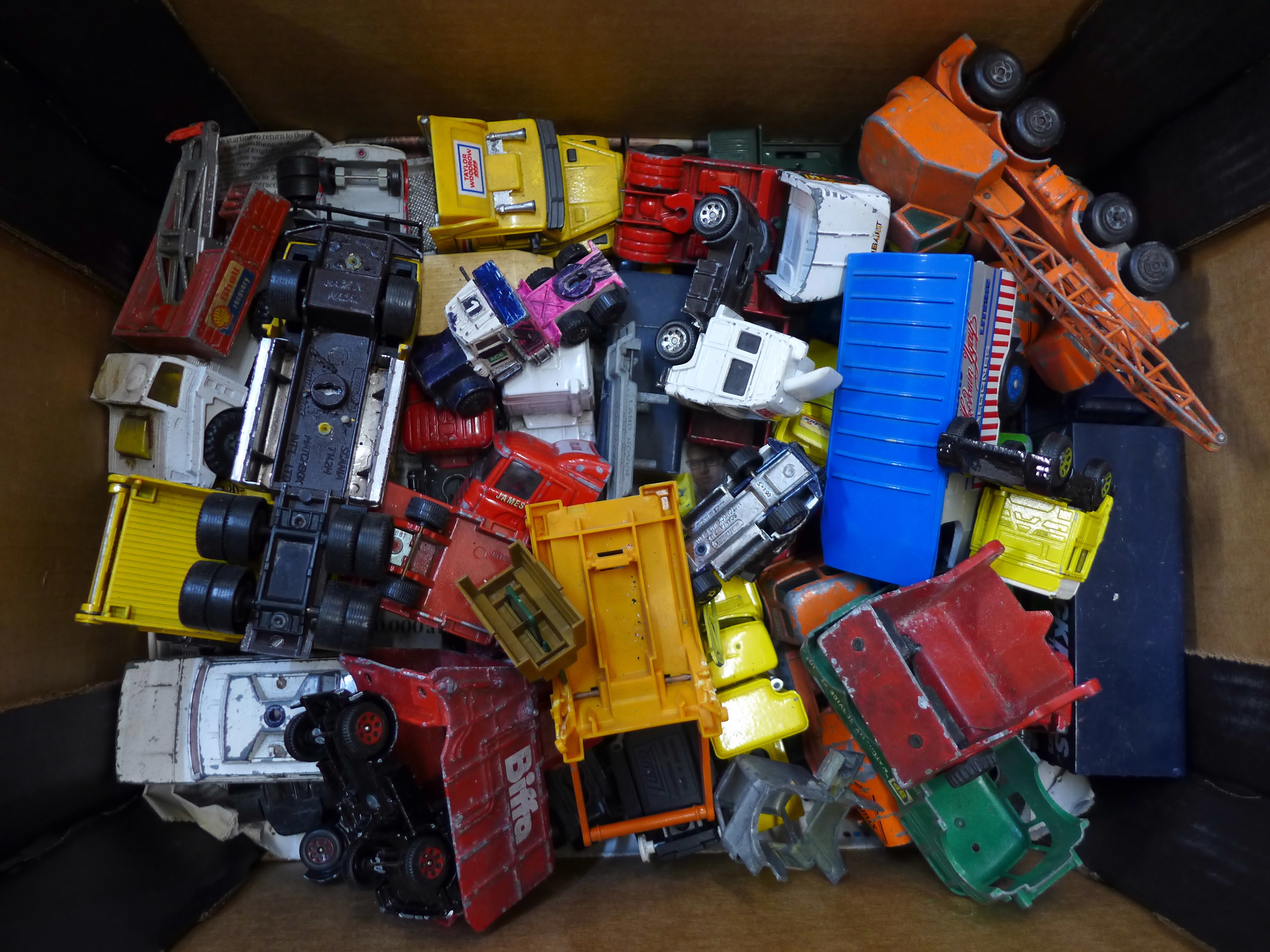 Die-cast model vehicles, mainly Matchbox and Corgi, playworn