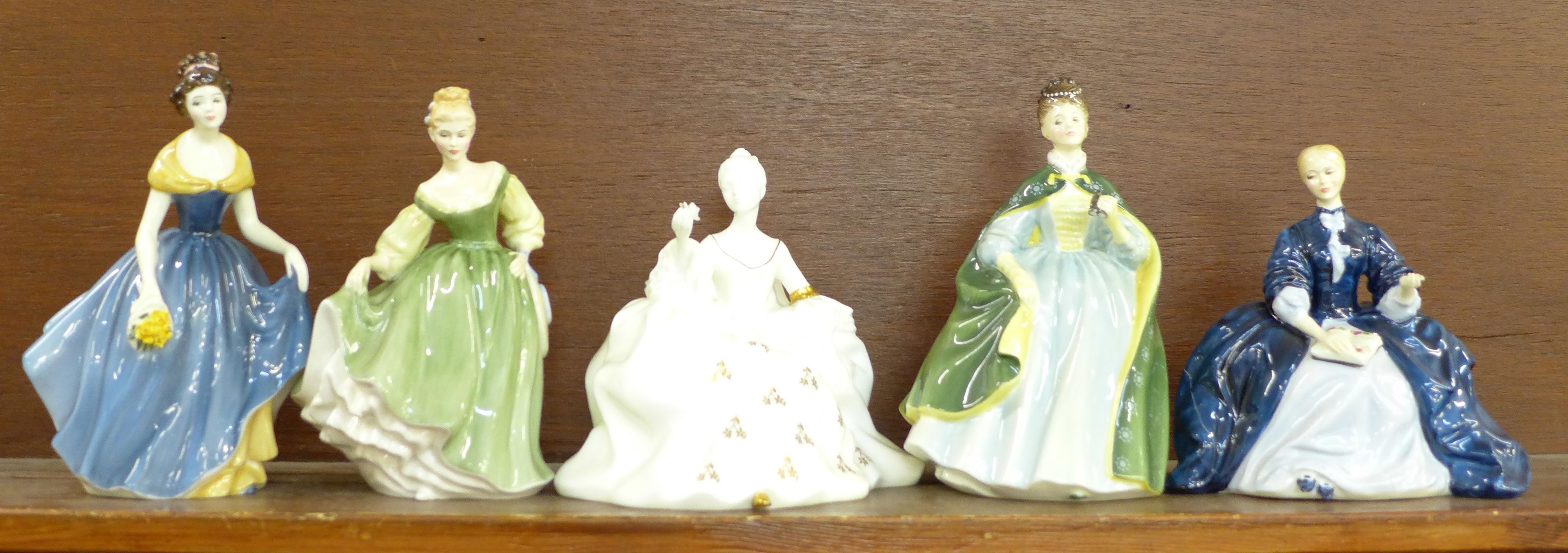 Five Royal Doulton figures; Antoinette, Premiere, Laurianne, a/f, Melanie and Fair Lady