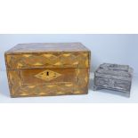 A marquetry workbox box, a/f and a filigree box marked Albania