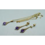 A 9ct gold and amethyst pendant and matching earrings and a 9ct gold chain, 4.3g