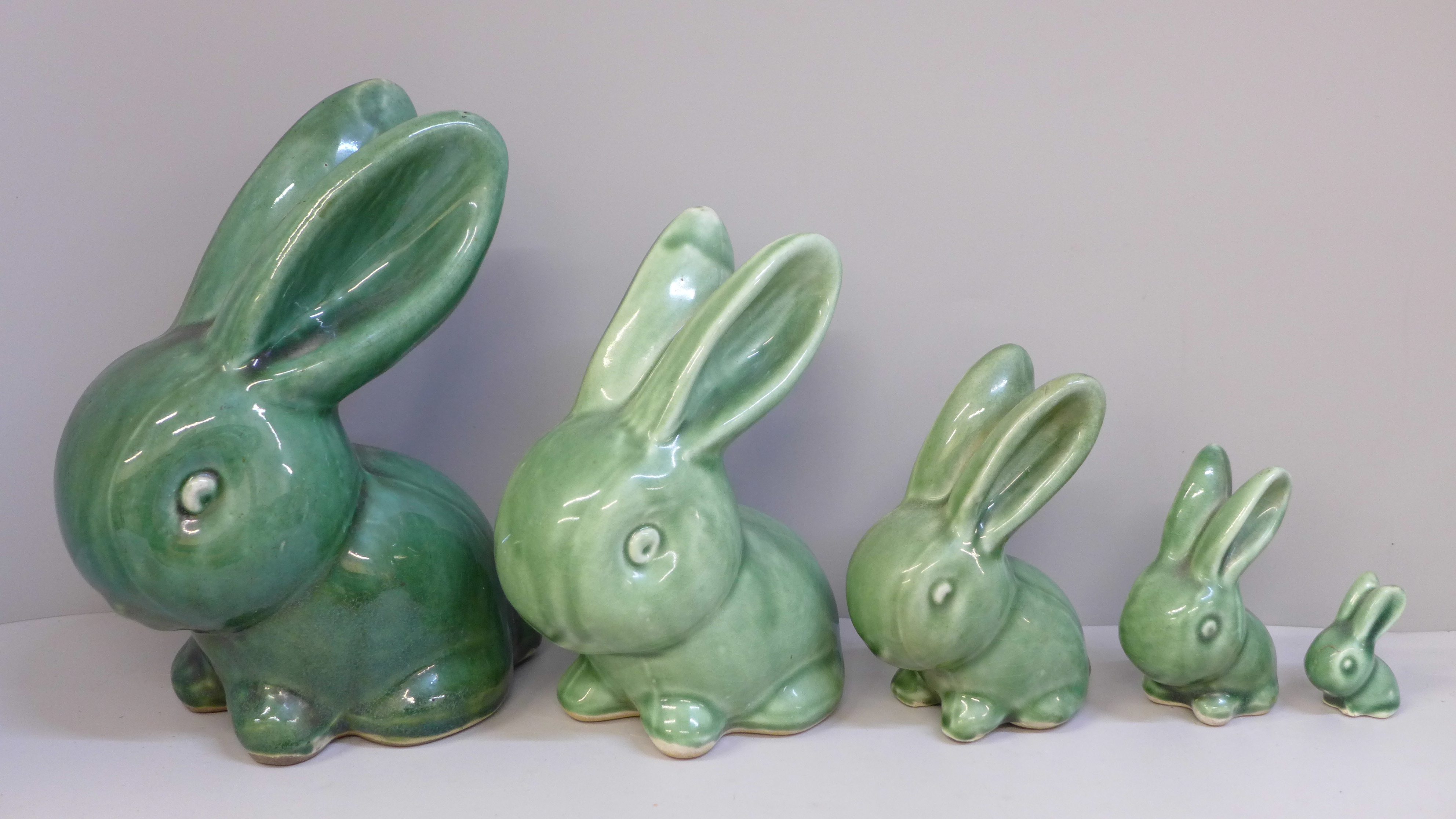 A graduated set of five Bourne Denby rabbits with glossy green glaze - Image 2 of 3