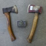 A WWII German foot soldier's axe, a Pioneer axe and an Army tin