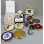 Assorted compacts and scent bottles including boxed musical Kigu compact