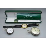 A gentleman's Roamer wristwatch, a Bulova watch box and two silver pocket watches, a/f