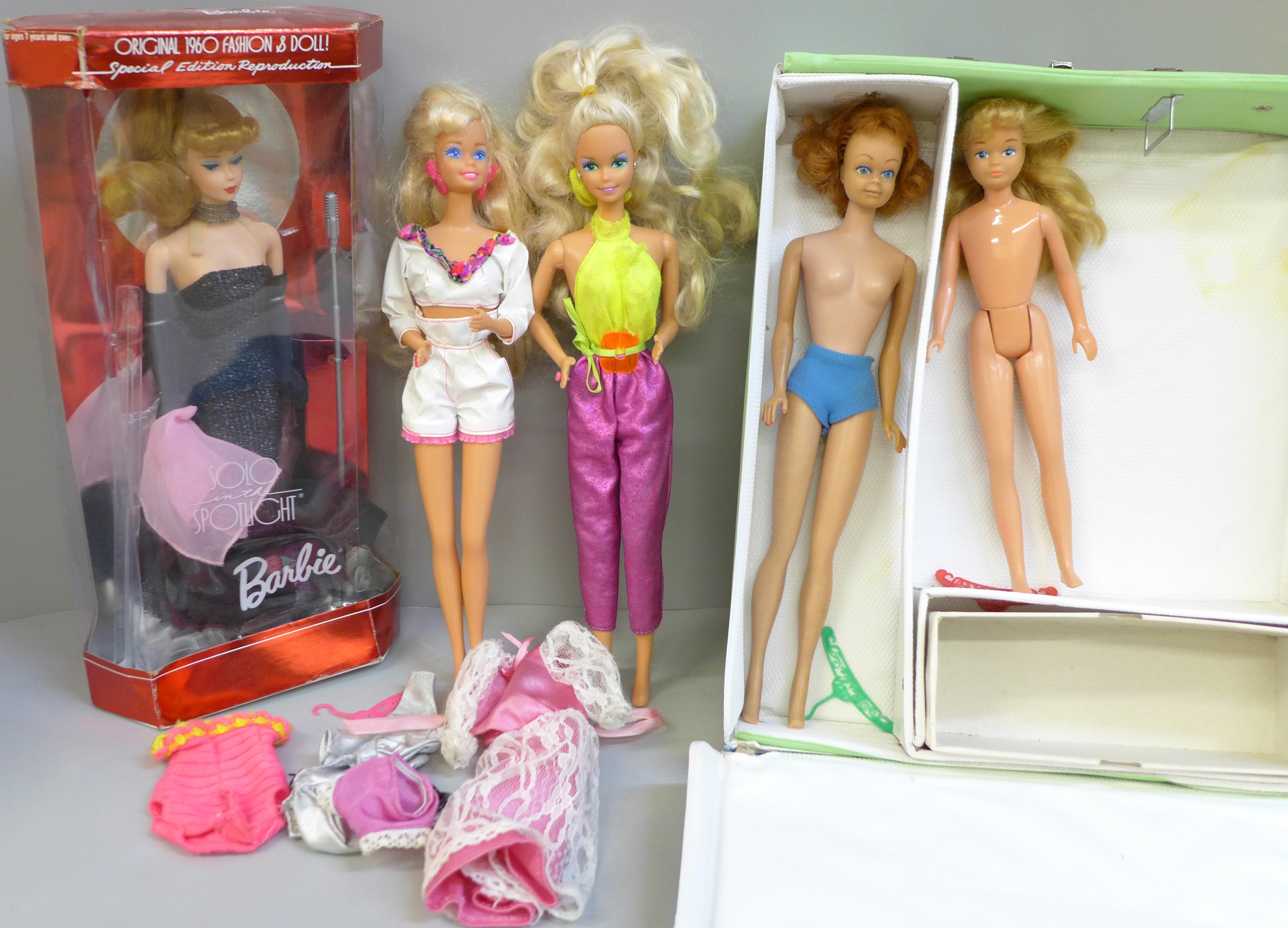 Vintage Mattel Barbie/Midge/Skipper dolls, case and Special Edition Reproduction Barbie (boxed)