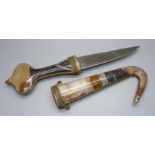 An Eastern knife with hardstone set handle and scabbard, knife without scabbard 34cm