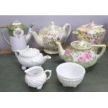 A collection of teapots including Noritake rose, Sadler, continental transferware, etc.