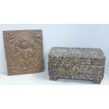 An Indian stone set casket and Indian copper plaque