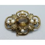 A 9ct gold, pearl and stone set brooch, 8.1g