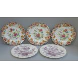 Three 19th Century Spode plates and two Clarice Cliff plates, a/f