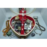 A case of costume jewellery, etc., including a silver and Blue John pendant and other silver