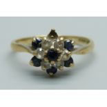 A 9ct gold, blue and white stone cluster ring, 2.2g, Q, lacking one stone