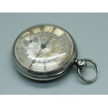 A silver pocket watch with diamond end stone, London 1861