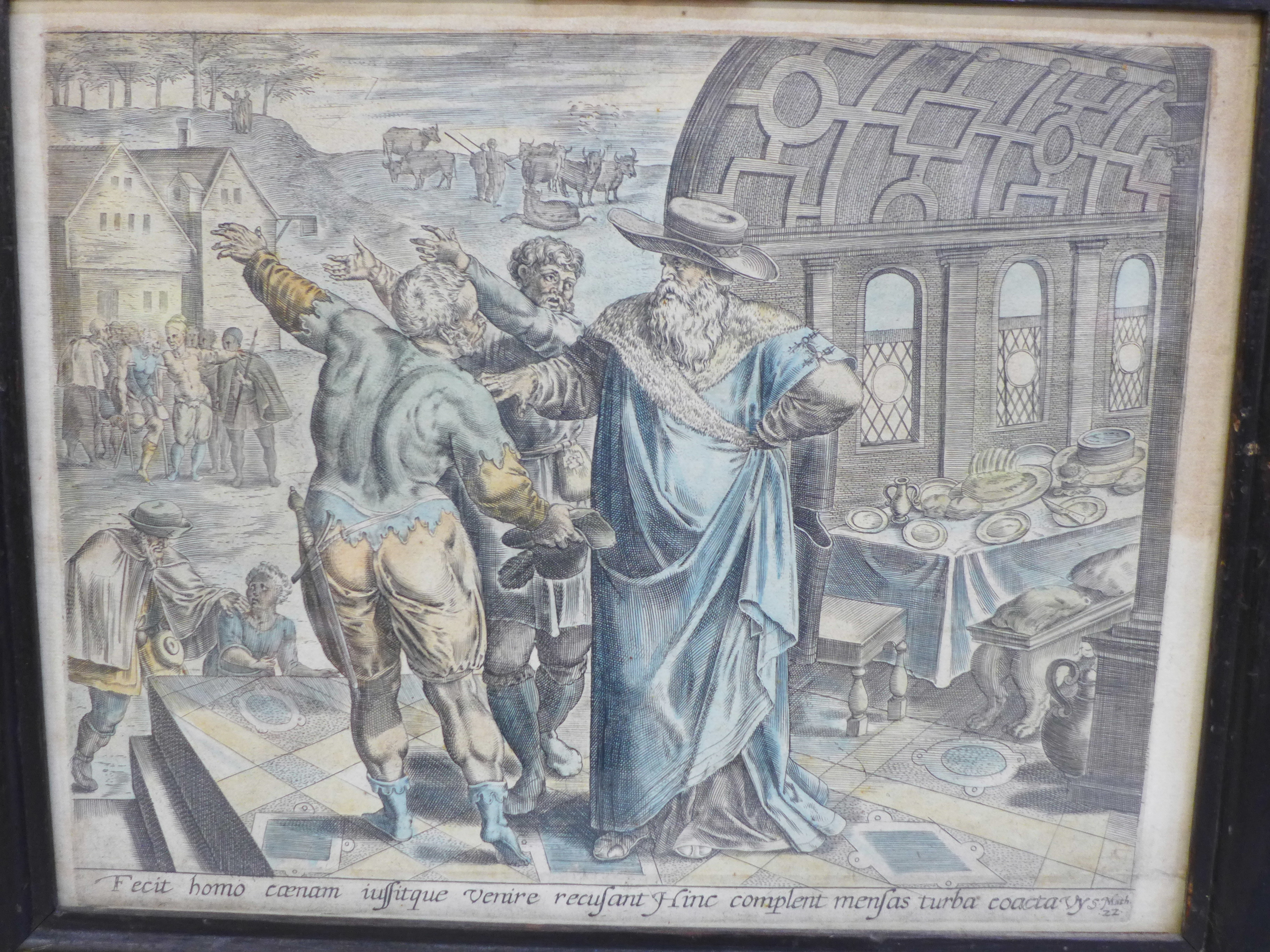 A 17th Century hand coloured engraving, The Parable of the Royal Wedding Party, The King's - Image 2 of 5