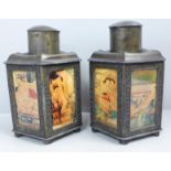 Two Chinese tea caddies decorated with erotic panels