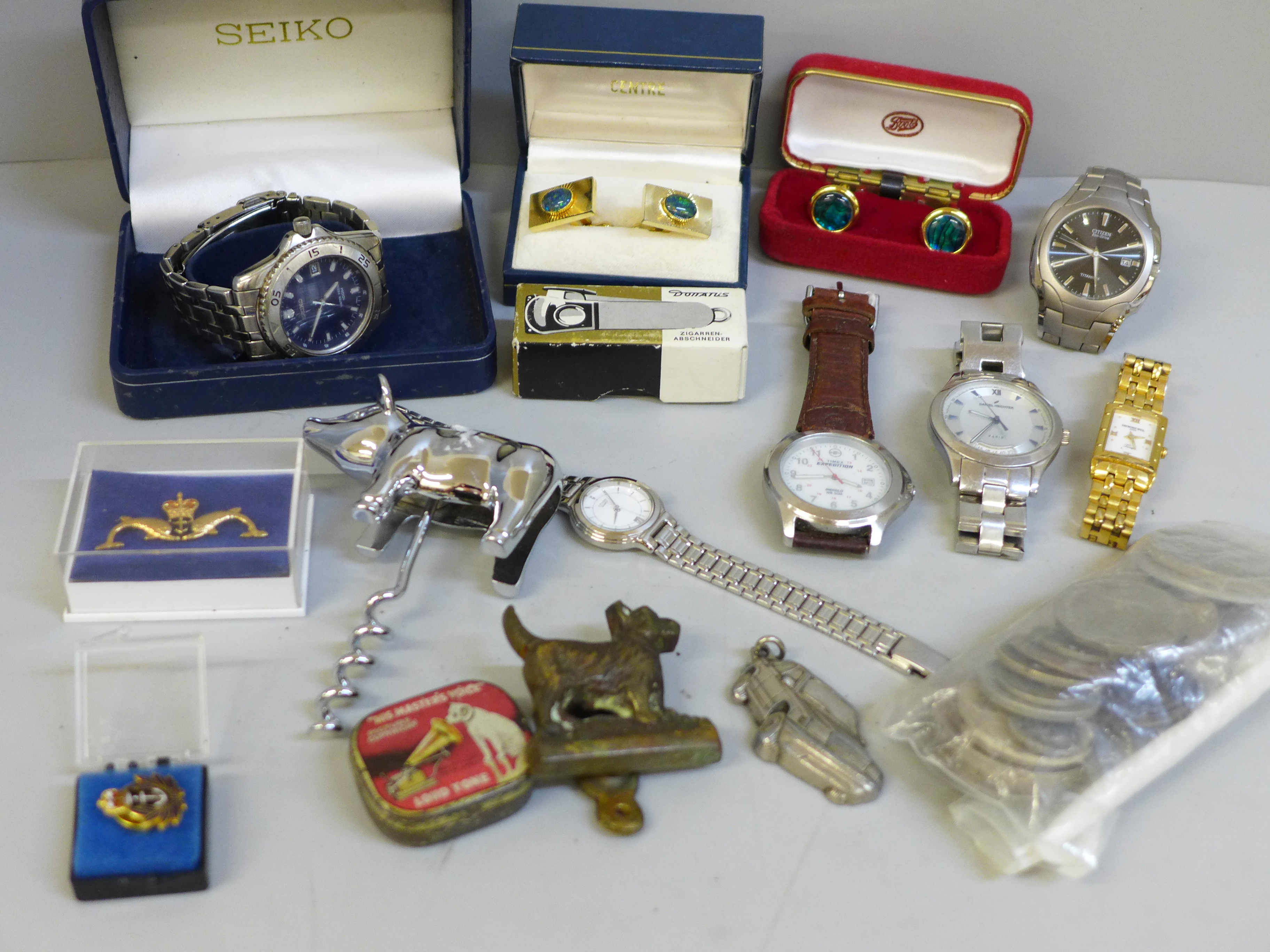 Wristwatches; Citizen Eco Drive, a lady's Raymond Weil, Seiko, others and a collection of