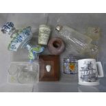 A box of china, glass, including a Langley match striker, Portuguese potter candlestick, glass