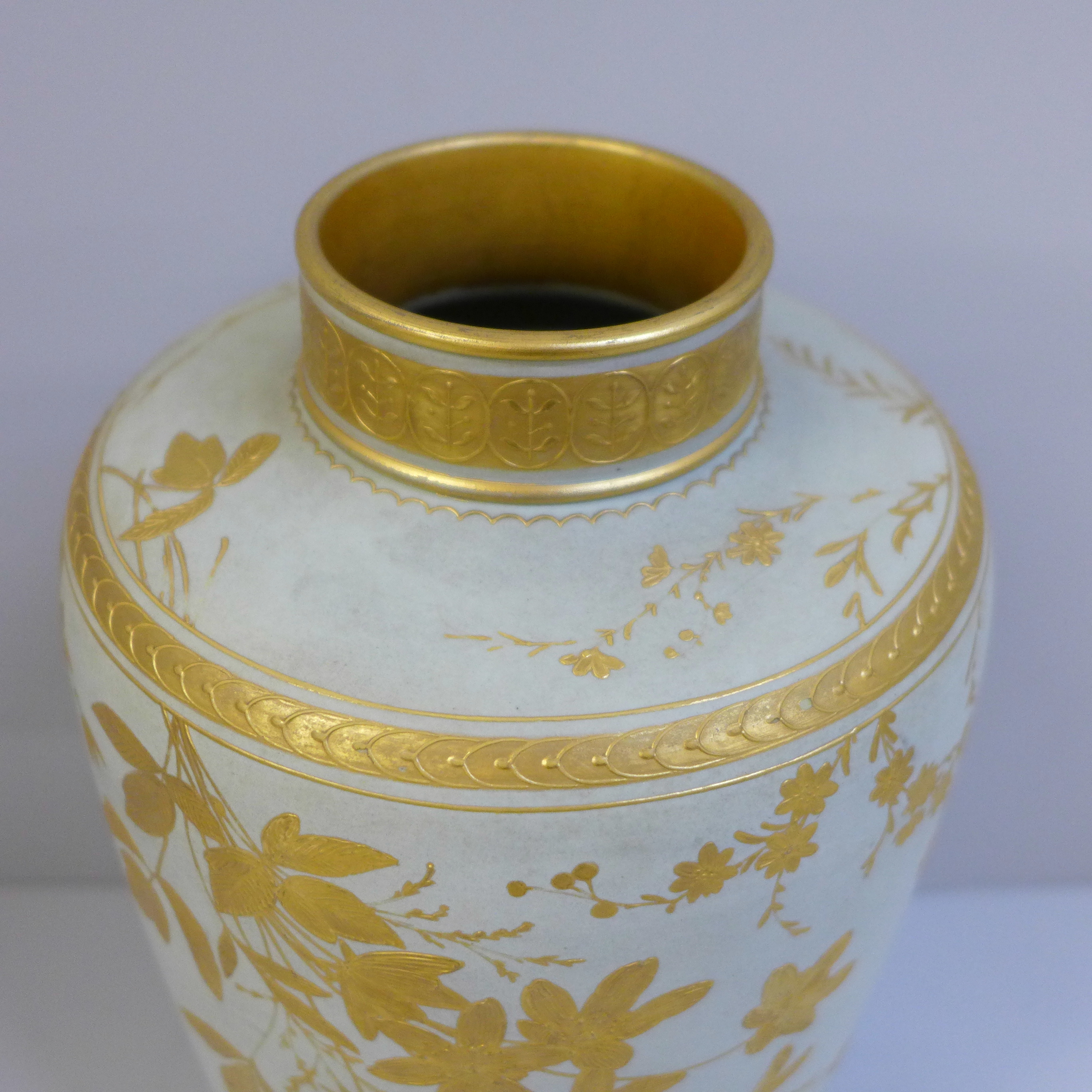 A late 19th Century duck egg blue and gilt Wedgwood vase, decorated with leaves and flowers, 22cm - Image 2 of 3