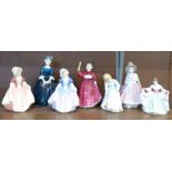 Seven Royal Doulton small figures; Let's Play, Dinky Do, Sara, Cherie, Vanity, a/f, Lily and Dinky