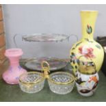 Opalene vases and biscuit barrels together with glass plate, two tier cake stand, etc.