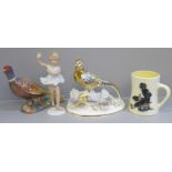 A KSP model of a pheasant, a small German porcelain figure of a dancer, a Staffordshire figure of