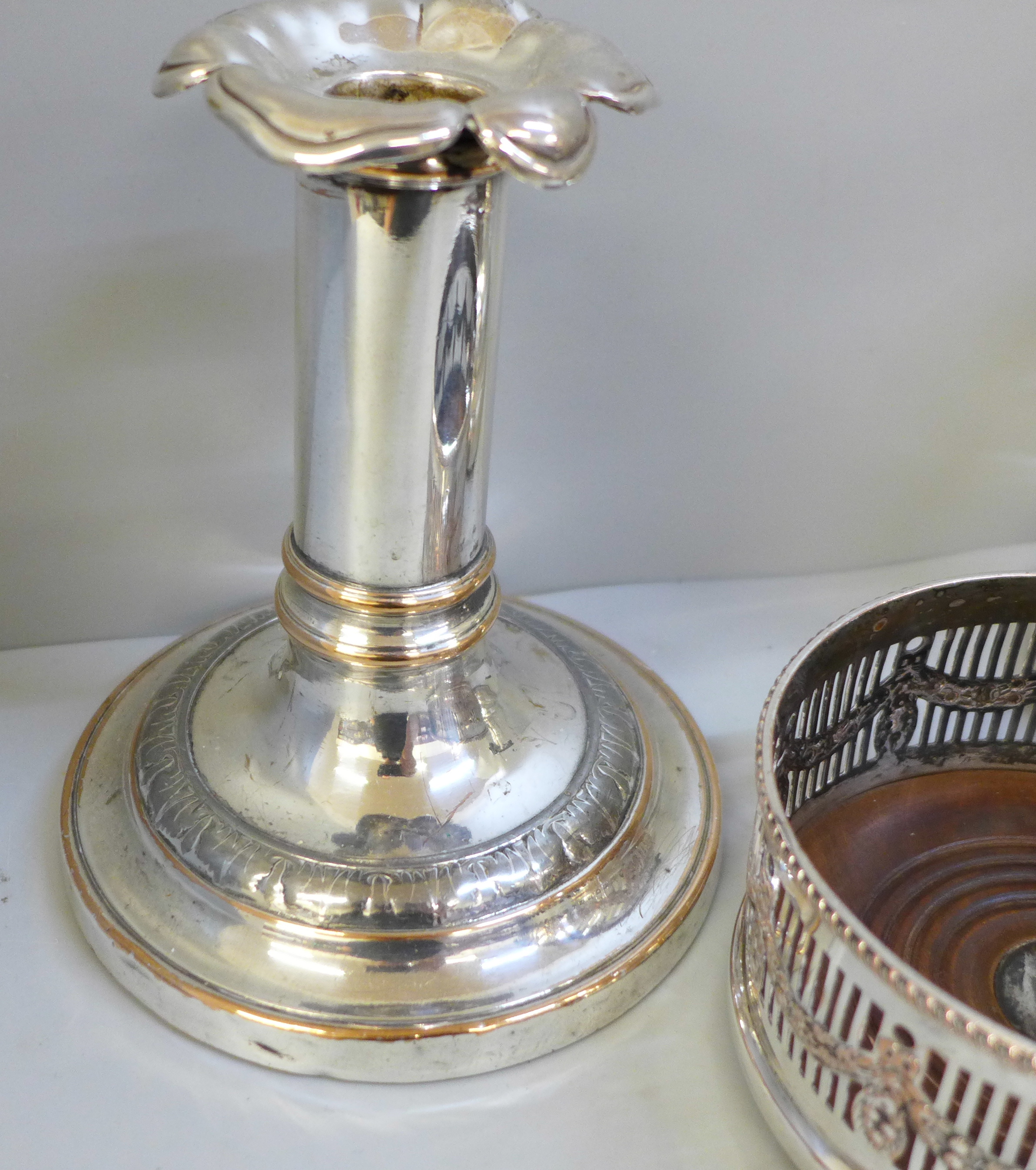 A pair of silver plated candlesticks, a Mappin & Webb egg cruet and wine coaster - Image 2 of 3